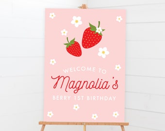 Strawberry Welcome Sign - Printable Berry First 1st Birthday Party Decor - Personalized Berry Sweet Strawberry Daisy Theme Art Print - 0013