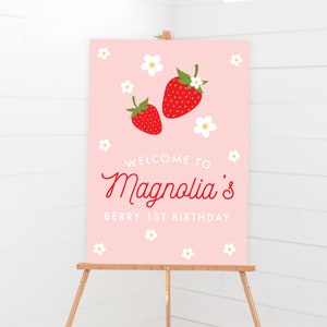 Strawberry Welcome Sign - Printable Berry First 1st Birthday Party Decor - Personalized Berry Sweet Strawberry Daisy Theme Art Print - 0013