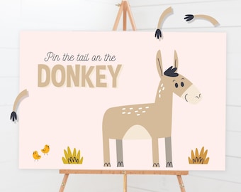 Pin The Tail On The Donkey Game - Printable Farm Animals Pin The Tail Birthday Party - Party Animals Kids Activity Game Sign - 0178