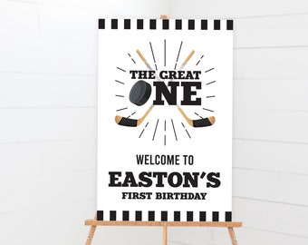 Hockey Welcome Sign - Printable The Great One 1st Birthday Party Decor - Personalized Sports Themed Ice Skating Print - 0095