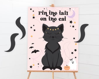 Pin The Tail On The Black Cat Game - Printable Pin The Tail on the kitty Birthday Party Game - Pink Halloween Kids Activity Sign - 0049