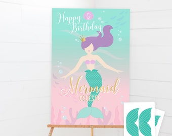 Pin The Tail on The Mermaid Poster - Printable Pin The Fin Under The Sea Birthday Party Game - Custom Mermaid Sign - 0004