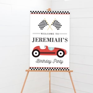 Car Welcome Sign - Printable Vintage Racing Car 1st Birthday Party Decor -Personalized First Lap Two Fast Around The Race Track Print - 0067