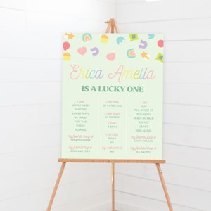 Cartel de hitos de Lucky Charms - Imprimible St. Patricks Lucky One 1st First Birthday Party Estadísticas de nacimiento - Rainbow Marshmallow Memory - 0107