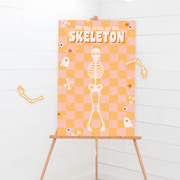 Pin The Arms On The Skeleton Game - Printable Groovy Halloween Pin The Tail Birthday Party - Pink Halloween Kids Activity Game Sign - 0129
