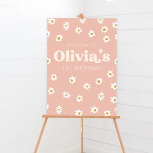 Signo de bienvenida de Daisy - Decoración de fiesta de cumpleaños de Boho Daisies imprimible - Impresión personalizada del arte del tema Flower Power de los años 70 - 0010