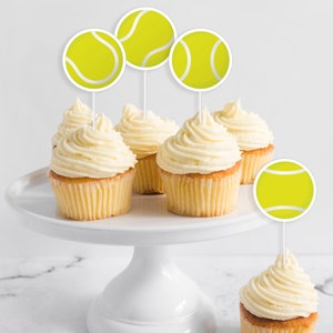 Tennis Ball Cupcake Topper - Printable Preppy Green Tennis Match First Birthday Party Cake Decor - Racquet Racket Sports Girls Party - 0115