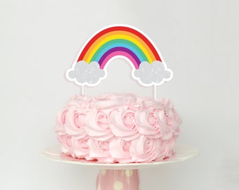 Bright Rainbow with Sparkly Clouds Birthday Party Cake Topper - Printable Lucky St. Patricks Day Rainbow Cake Banner - St Paddys - 0180