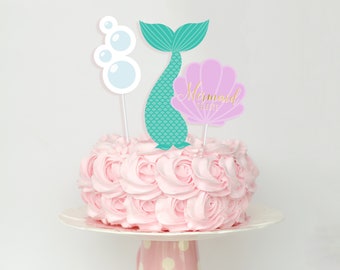 Mermaid Cake Topper - Printable Custom Mermaid Tail, Bubble & Clamshell Themed Birthday Party Cake Banner - Instant Party Decor - 0004
