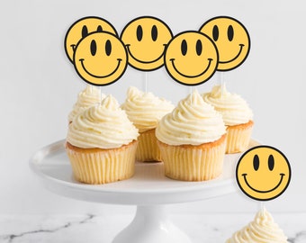 One Happy Dude cupcake Topper - Printable Smile Face 1st Birthday Party Decor, One Cool Dude Birthday Party, Hipster 90's Hippie, 0111