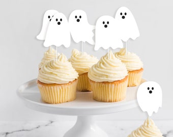 Ghost Cupcake Toppers - Printable Cute Pink Halloween Dessert Toppers - Spooktacular Party Favor Tags - Hey Boo Labels - 0049