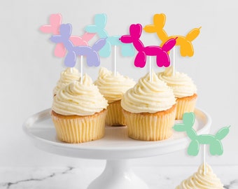 Balloon Dog Birthday Party Cupcake Toppers - Printable Party Animal Toppers - First Birthday Let's Pawty Puppy Party Decor - 0090