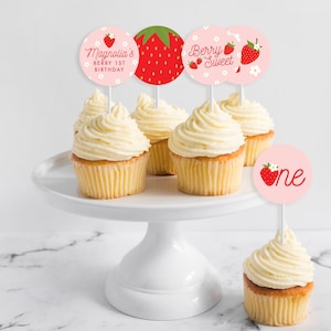 Strawberry Cupcake Toppers - Printable Personalized Pink Berry First 1st Birthday Party Food Picks - Very Berry Sweet Theme Party - 0013