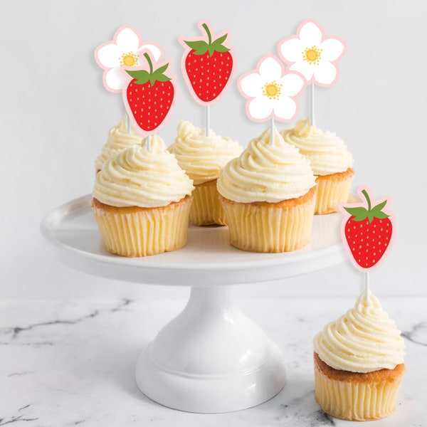 Strawberry Cupcake Toppers - Printable Pink Daisy Berry First 1st Birthday Party Food Picks - Very Berry Sweet Theme Party - 0013