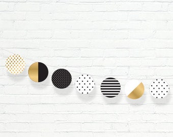 Glam Gold Circle Garland - Printable Gold, Black & white Party Garland - Kate Spade Inspired Party Decor - GGC1