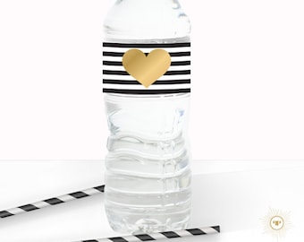 Glam Gold Heart & Stripes Water Bottle Labels - Decorative Wraps - Black and Gold Party Decor - Printable - Instant Download - GGC1