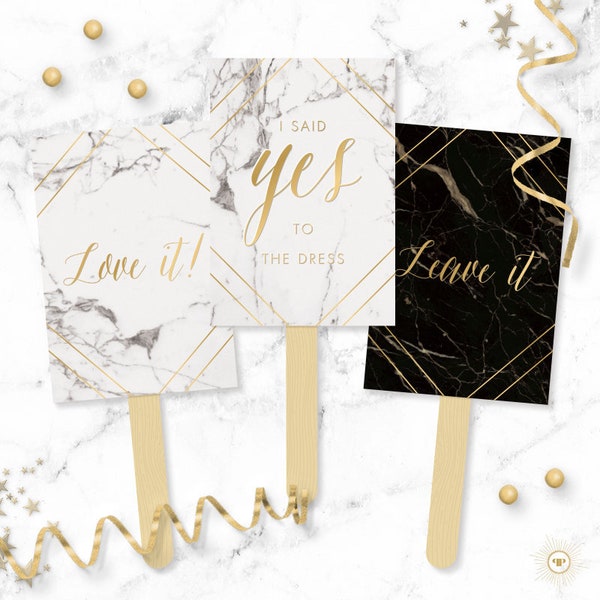 I Said YES To The Dress Signs - Black & White Marble with Gold I said Yes Wedding Dress Shopping Paddles - Bridal Gown Game- PRINTED SHIPPED