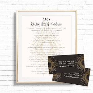 20 Random Acts of Kindness Art Print with Cards - Printable Inspirational 8x10 Wall Decor Quote - RAOK Hand out Cards - JAN2021