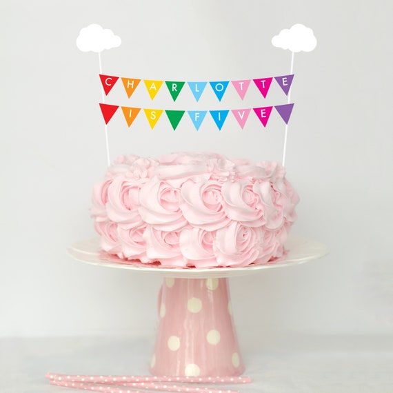 Personalized Rainbow Bunting Banner Flags Cake Topper - Printable Rainbow & Clouds Cake Pennant Banner - Custom Birthday Party Decor Il_570xn