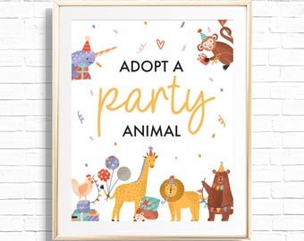 Adopt A Party Animal Sign - Printable Wild One Animals Table Sign Jungle 1st Birthday Party decor - Zoo Safari Adoption Celebration - 0164