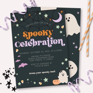 Halloween Birthday Invitation - Printable Black Spooky Celebration First Birthday Party Invite - Customizable Hey Boo 1st Theme Decor - 0049