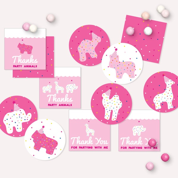 Party Animal Thank You Tags - Printable Circus Animal Frosted Cookie Birthday Party Favor Sticker Labels - Animal Cracker Favour Decor- 0068