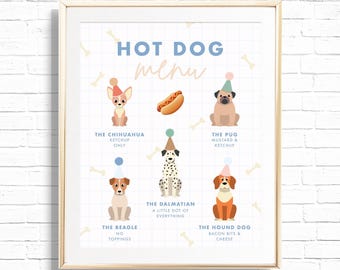 Könnte beinhalten: Ein gerahmter Druck mit einem "Hot Dog Menü" mit Cartoon-Hunden, die verschiedene Hotdog-Beläge darstellen. Das Menü umfasst einen Chihuahua, eine Möpse, einen Beagle, einen Dalmatiner und einen Bloodhound, mit Text.
