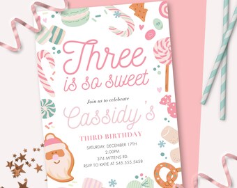 Three Is So Sweet Invitation - Printable Pink 3rd Christmas Cookie Birthday Party Invite - Customizable Holiday Baking Sugar Sweets - 0160