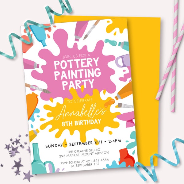 Pottery Painting Invitation - Printable Art and Craft Artist Birthday Party Invite - Customizable Sip & Paint Party Decor - Instant - 0147