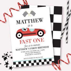 Race Car Birthday Invitation - Printable Fast One Vintage Racing Car 1st Birthday Party Invite - Customizable First Lap Boy Decor - 0067