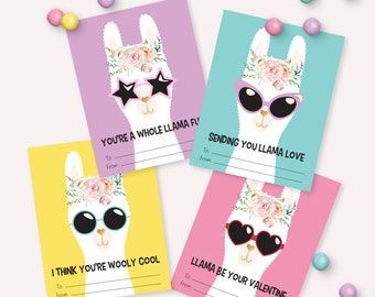 Llama's with Glasses Valentine's Day Cards - Printable Colourful Llama Heart Eyes Classroom Valentines Gift  - Cookie Card Puns - 0029