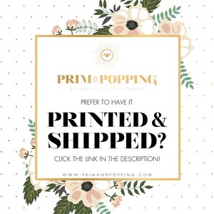 Op de afbeelding: Een wit vierkant met een gouden rand en bloemmotieven. De tekst "PRIM&POPPING CELEBRATION STATIONERY" staat bovenaan. De tekst "PREFER TO HAVE IT PRINTED & SHIPPED? CLICK THE LINK IN THE DESCRIPTION! WWW.PRIMANDPOPPING.COM" staat in het midden.