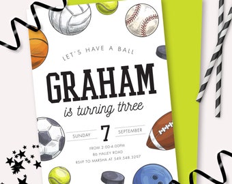 Sports Birthday Invitation - Printable Let's Have a Ball, Basketball Football Soccer Baseball Birthday Party Invite - Game Time Theme - 0170