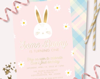 Bunny Birthday Invitation - Printable Daisy Some Bunny is One First Birthday Party Invite - Customizable Easter Rabbit Girl 1st Decor - 0069