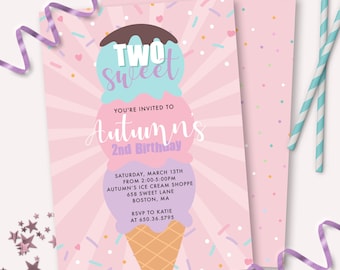 Invitación de helado - Invitación imprimible para primera fiesta con cono de helado y chispas - Personalizable - Aquí está la primicia - Decoración para dos chicas dulces - 0021