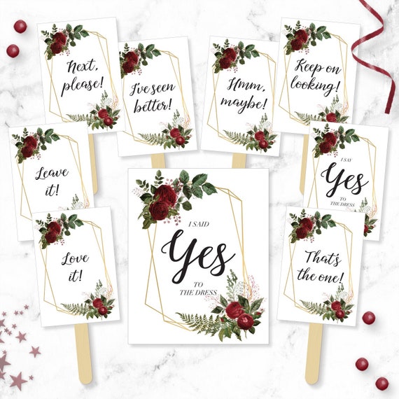 Say YES To The Dress Signs Bundle - Burgundy Floral with Gold Details Printable I said Yes Wedding Dress Shopping Paddles - Bridal Game Il_570xn
