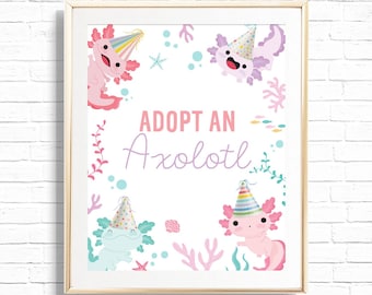 Adopt An Axolotl  - Printable Pet Certification of Adoption Birthday Party Art Print - Pink under the sea salamander Animal Decor  - 0134