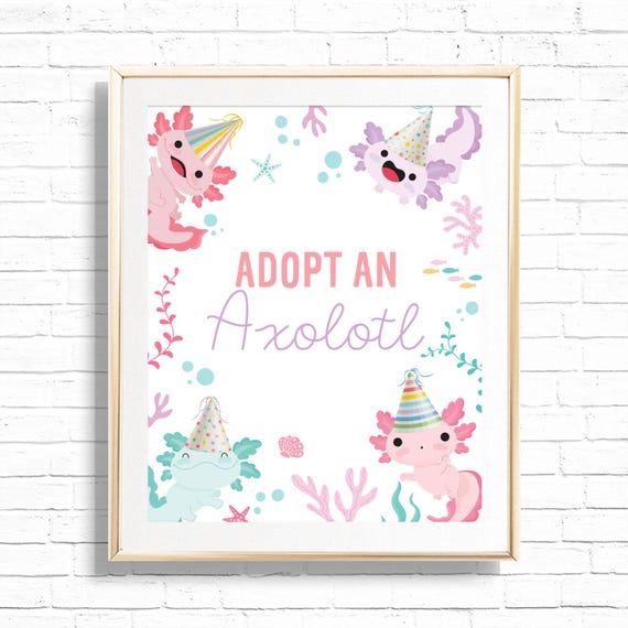 Adopt An Axolotl  - Printable Pet Certification of Adoption Birthday Party Art Print - Pink under the sea salamander Animal Decor  - 0134