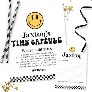 Capsule temporelle Happy Face - imprimable One Happy Dude First 1st Birthday Party Capsule temporelle & carte de correspondance de prédiction de message - décoration sourire - 0111