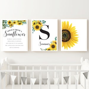 Sunflower Nursery Print - Printable Personalized Set of 3 Yellow Boho Sunny Sunflower Bedroom Wall Decor - Monogram Baby Shower Gift - 0047