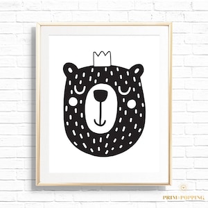 Modern Black & White Bear Cub Nursery Art Print - Printable Monochromatic Woodland Animal Kids Art - #BwND