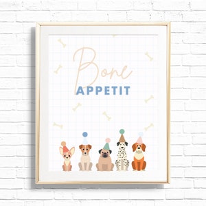 Peut inclure: Une affiche encadrée avec l'inscription "Bone Appetit" au-dessus d'une rangée de chiens de dessin animé portant des chapeaux de fête. Le fond présente un motif quadrillé avec des illustrations d'os. Les chiens sont de différentes couleurs et races.