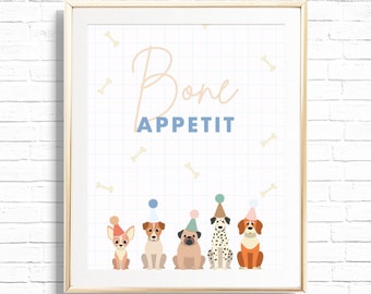 Placa de mesa de comida para filhotes - Decoração de mesa de comida para festa de aniversário de 1 ano Bone Appetit para impressão - Festa de adoção de cachorro Puppy Pawty personalizada - 0034