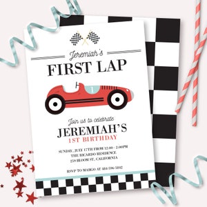 Race Car Birthday Invitation - Printable First Lap Vintage Racing Car 1st Birthday Party Invite - Customizable Fast One Boy Decor - 0067