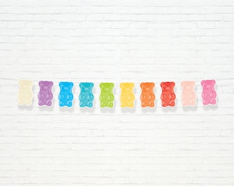 Rainbow Gummy Bear Banner  - Printable Pastel Rainbow Candy Land beary first birthday party Garland - teddy bear picnic Party Decor - 0133