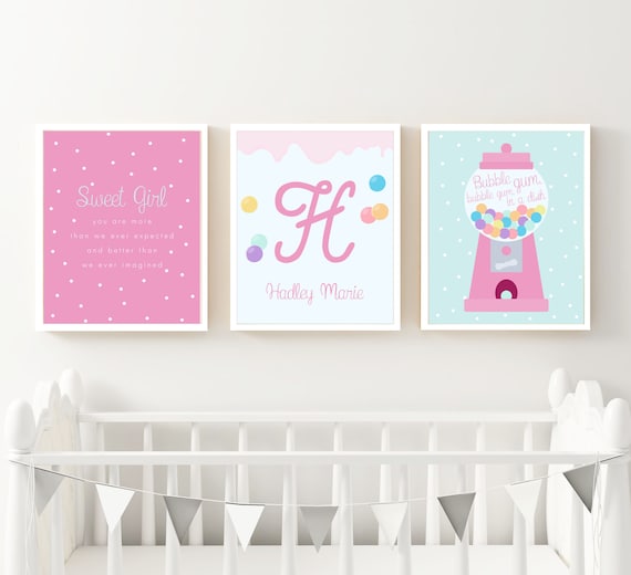 Gumball Machine Print Set - Personalized Sweet Girl Quote Set of 3 Printable - Candy Land Bedroom Wall Art - Bubble Gum Sign - 0011 Il_570xn