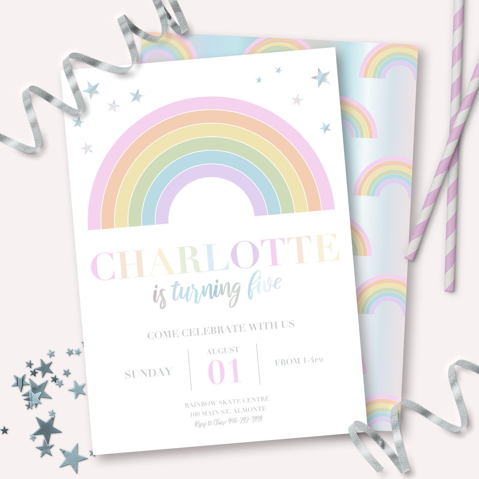Pastel Rainbow Invitation Printable Pastel And Iridescent Rainbow Themed Birthday Party Invite Customizable Girls Boho