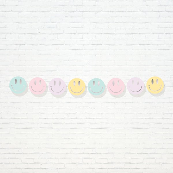 Happy Face Banner - Printable Pastel Holographic Smile Face Garland - Groovy Hippie 60's 70 Festival 1st Birthday Party Decor - 0046