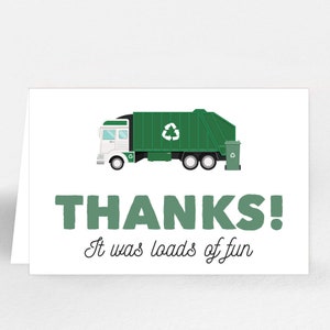 Tarjeta de agradecimiento con forma de camión de basura: etiquetas imprimibles y divertidas para regalos de cumpleaños de camiones de reciclaje: bolsa de regalo para fiesta de Trash Bash - 0082