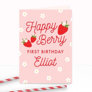 Erdbeer Geburtstagskarte - Printable Happy Berry Erster 1.Geburtstag Party Tags - Personalisierte Beere Süße Erdbeere Goodie Decor - 0013